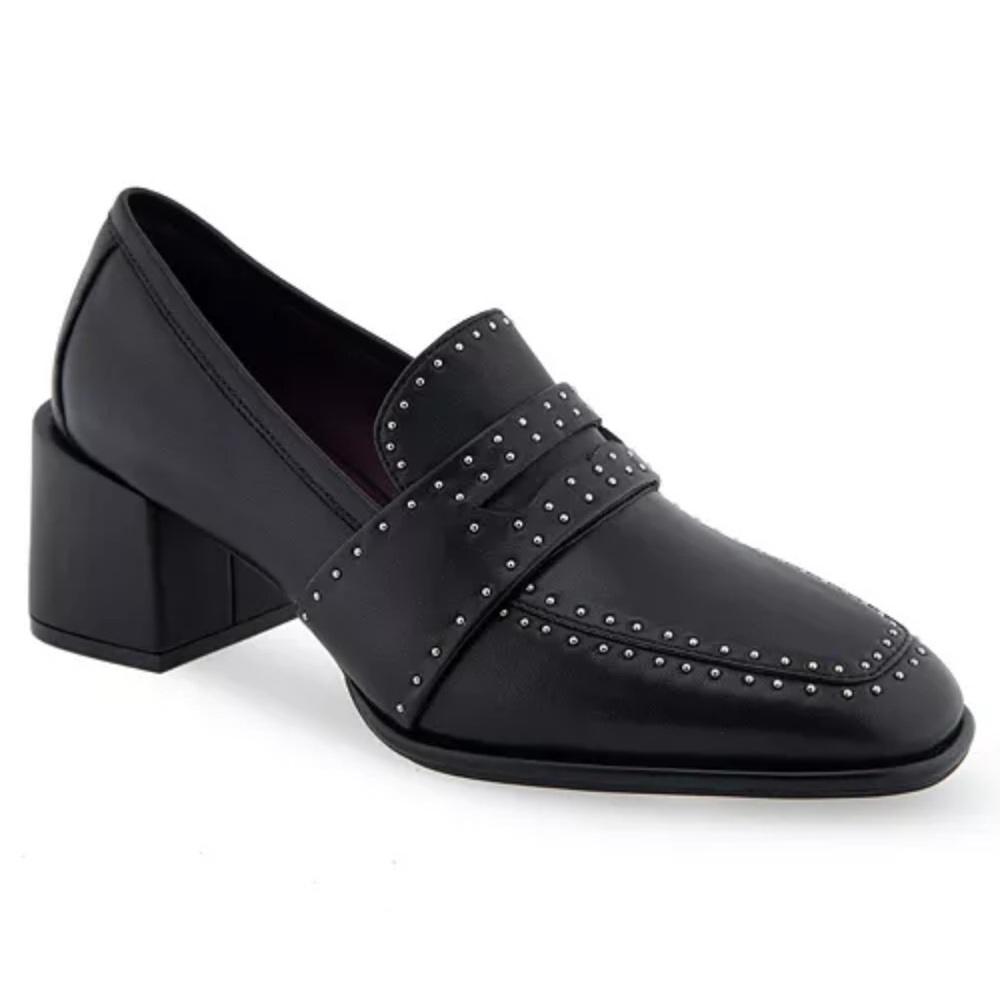 New Aerosoles Ardore Studded Block Heel Loafer Black Leather Size 7.5M